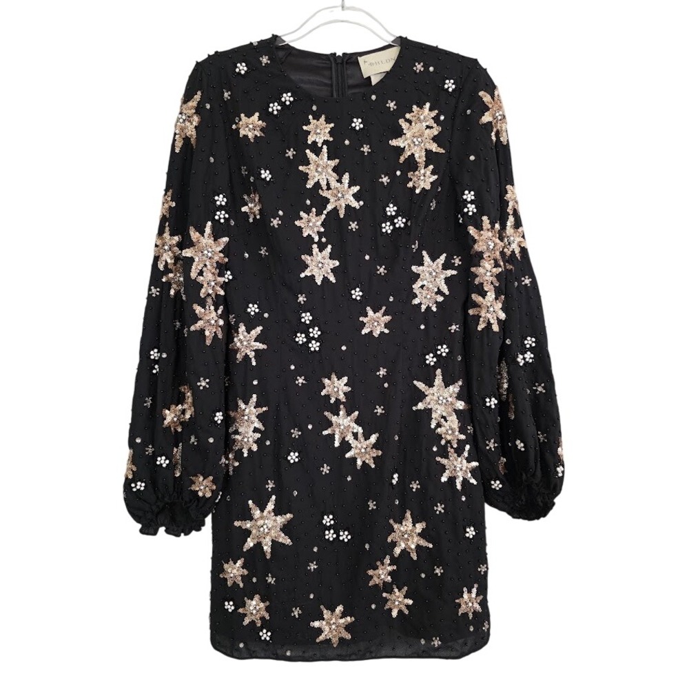 BHLDN Women's 8 Mercure Beaded Star Mini Dress Black Gold Sequin Long Sleeve